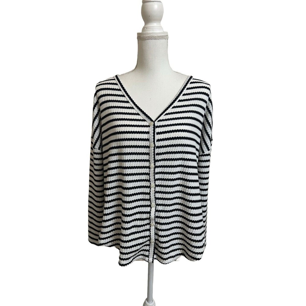 Arizona Jean Co Women's S Black & White Striped Button Front Long Sleeve Top